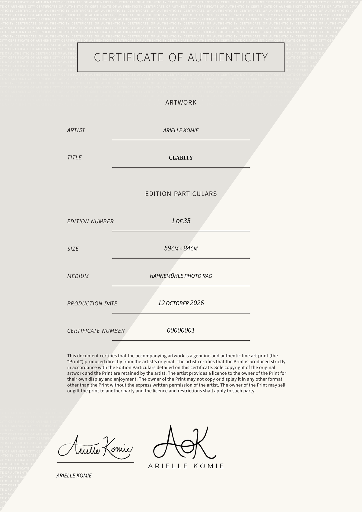 Clarity — Certificate of Authenticity